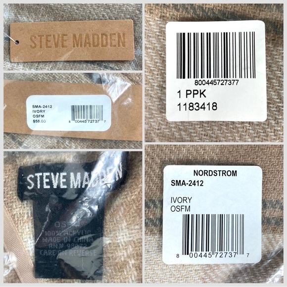 Steve Madden Tartan Ruana Kimono Cover Up with Fringe One Size Beige Ivory NEW - Picture 6 of 8